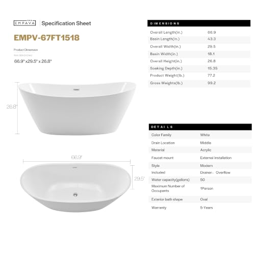 Empava 67" Luxury Freestanding Soaking view 3